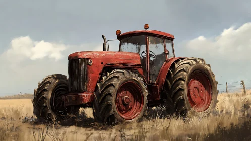 Red farm tractor stands in dry field under cloudy sky