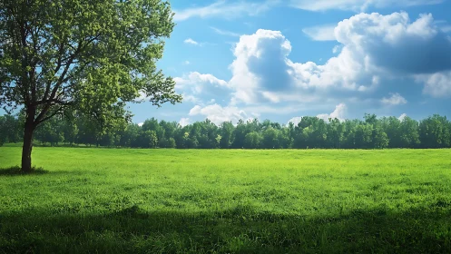 Open grassy field with single tree and distant forest edge.