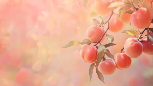 Soft-focus botanical study of ripe apricots on branch.