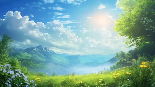 Sunlit wildflower meadow dreaming toward misty blue peaks.