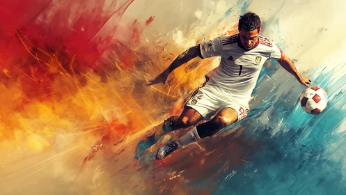 Digital painting depicts football player mid-air with ball