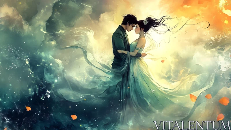 Ethereal Couple Embracing in Luminous Cloud Realm