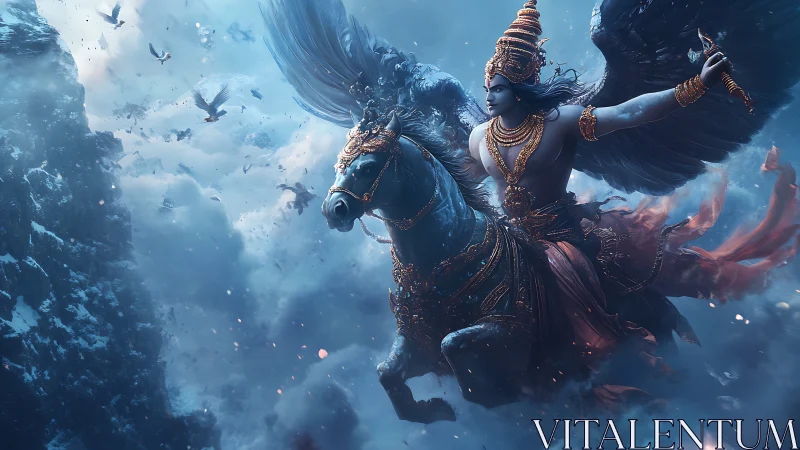 Mythic winged deity soaring through blizzard skies in armor.