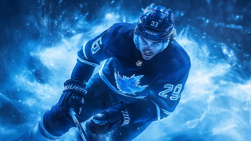 Ice hockey player skates forward through glowing blue mist