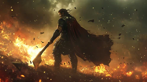 Storm warrior strides through firelit battlefield dusk.