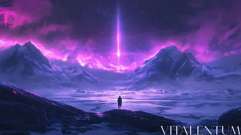 Solitary figure under vertical celestial light in icy basin.