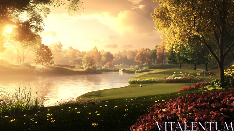 Sunlit riverside golf green under atmospheric scattering glow.