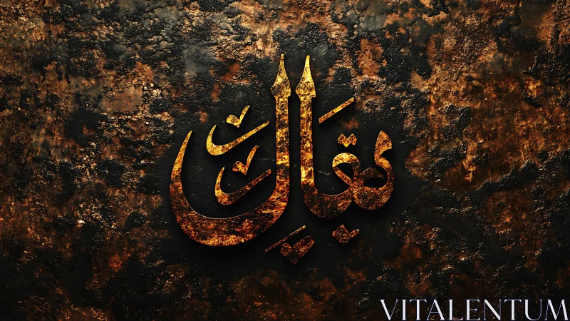 Molten Arabic calligraphy blazing from rusted shadows.