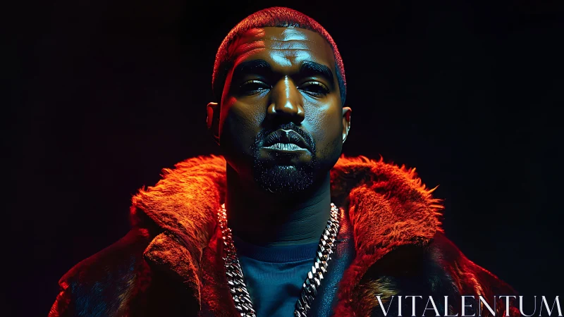 Portrait of man in fur coat under dramatic studio lighting.
