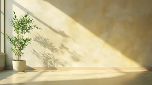 Sunlit corner plant casting slow afternoon whispers on wall.