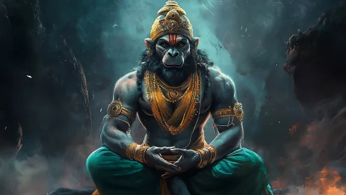Mythic warrior monkey god meditates in stormlit cavern.