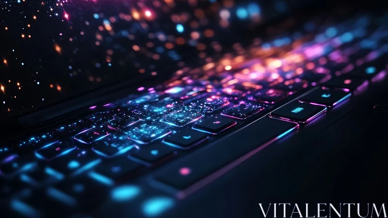 Glowing laptop keyboard pulses with neon digital stardust