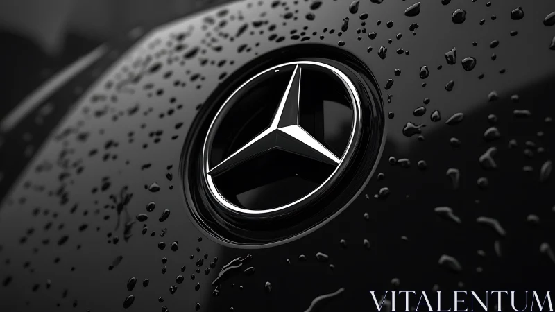 Automotive hood emblem in macro focus with glossy water beads