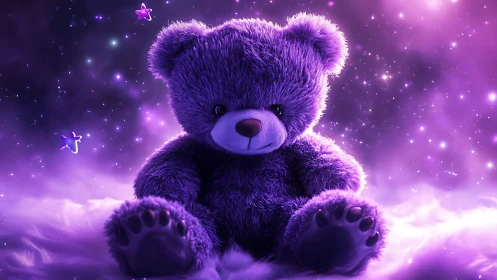Purple teddy bear rendered in luminous nebula lighting with soft fur detail
