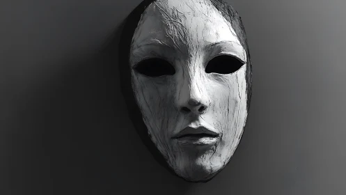 White sculpted mask with hollow eyes on gray wall.
