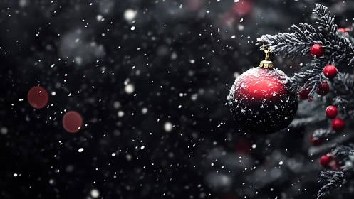Red bauble on snow covered evergreen branch in snowfall.
