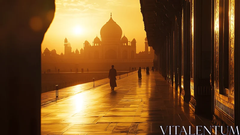 Sunlit walkway and distant domed monument at golden hour.