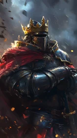 Armored king in dark battlefield with blazing red cloak.