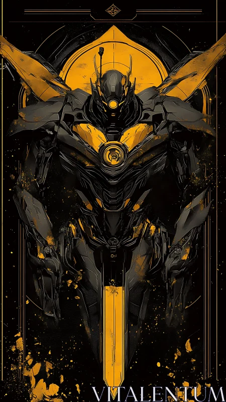 Neon war-seraph descends, sheathing its molten amber blade