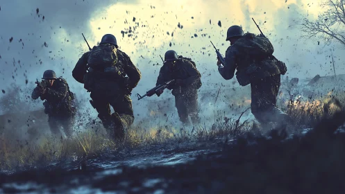 Dynamic low-angle war scene captures infantry charge through mud