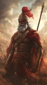 Warrior king strides through dusk-lit battlefield smoke