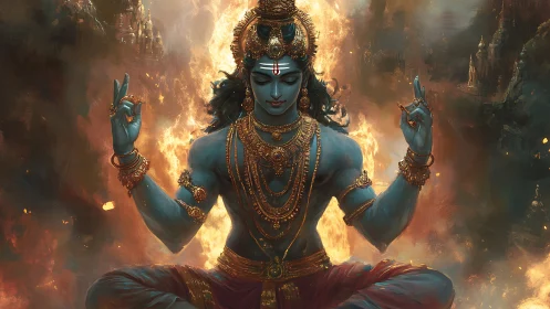 Fire-crowned blue deity in molten stillness of cosmic calm.