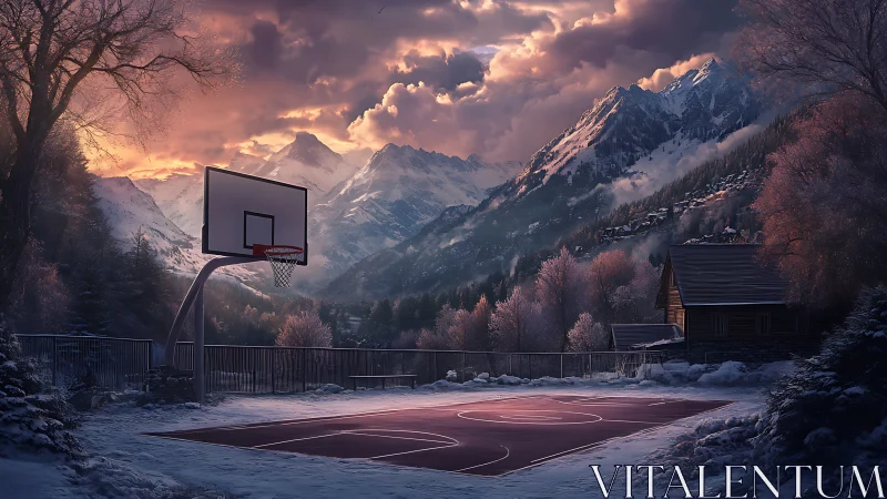 Snow-covered mountain basketball court at winter sunset.