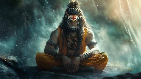 Mystic tiger sage rests in calm meditation amid glowing mists