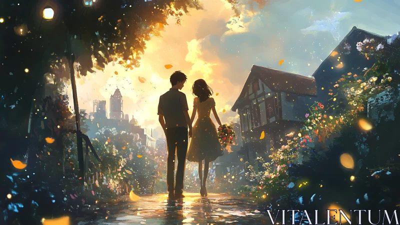 Sunlit village stroll with romantic couple and blooms.