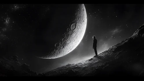 Solitary dreamer meets a looming crescent world in shadow.