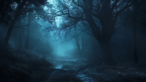 Nocturnal woodland path in mist with cinematic chiaroscuro lighting.