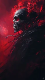 Flaming crimson skull emerging from swirling shadowed void.
