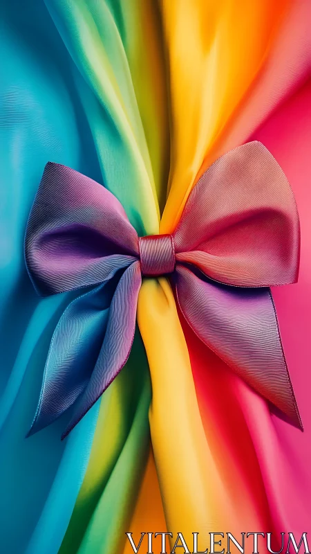 Gradient bow tied over folded rainbow satin fabric background.