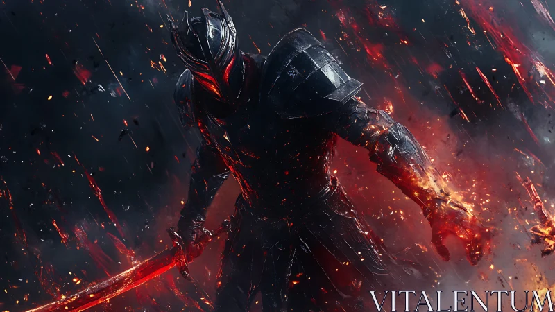 Flaming dark knight strides through a storm of molten embers