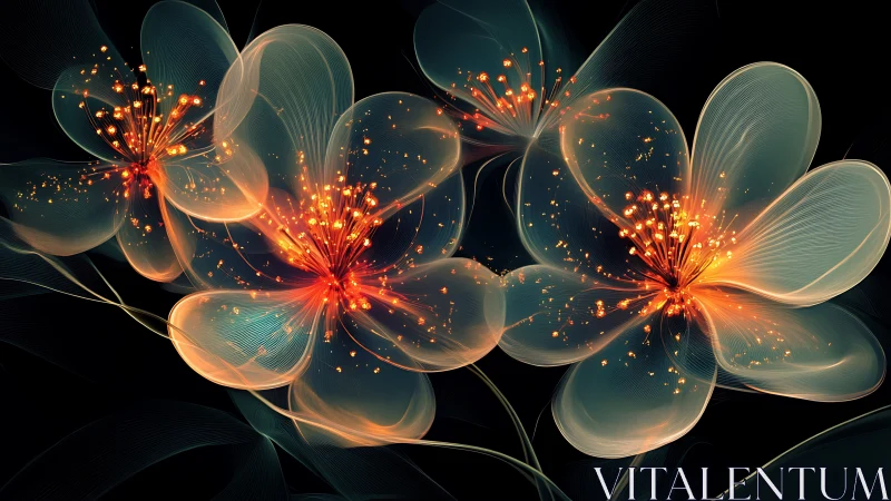 Translucent glowing flowers display detailed digital filaments