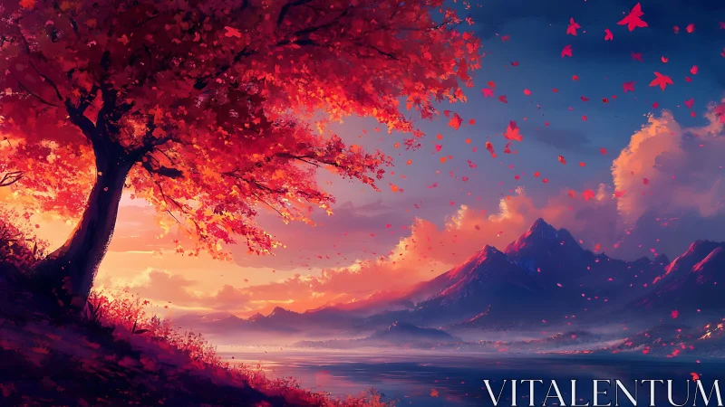 Autumn foliage tree silhouettes against atmospheric mountain sunset sky