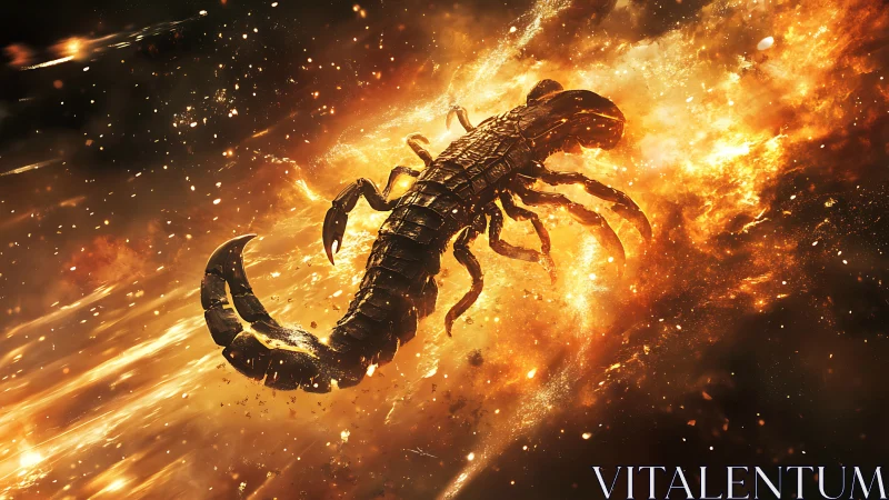 Scorpion silhouette rendered within luminous fiery nebula field