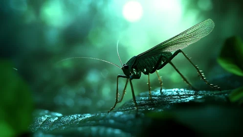 Green katydid stands poised on leaf in glowing forest light
