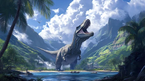 Gigantic T. rex charges across tropical shoreline under volumetric clouds