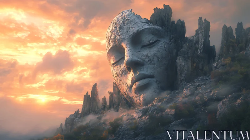 Monolithic stone visage embedded in twilight mountain range.