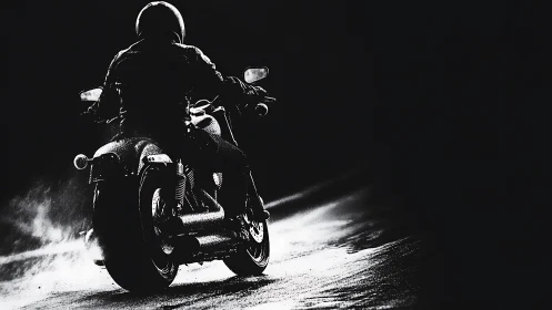 Motorcyclist rides on wet road in high-contrast silhouette
