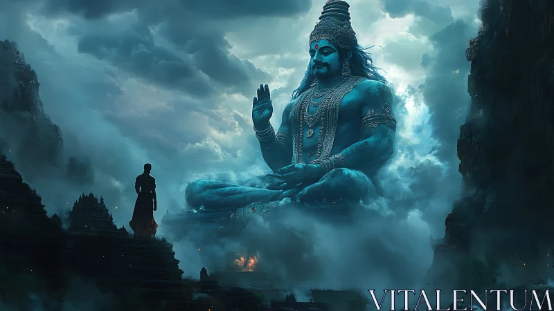 Giant blue meditating deity towers over lone robed figure.