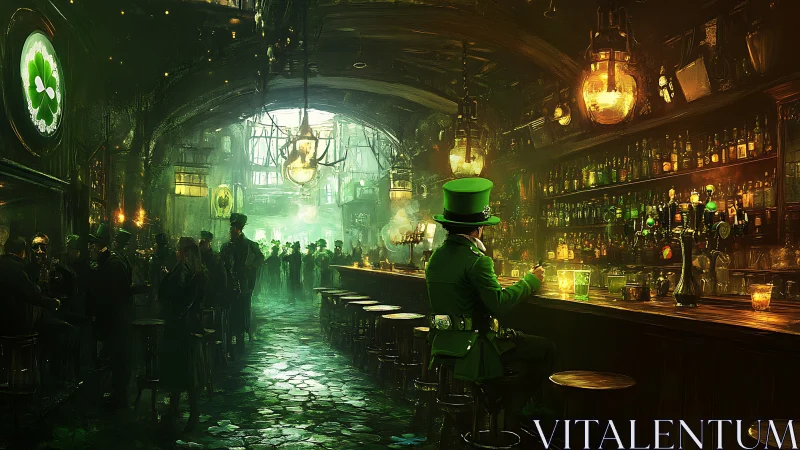 Lone leprechaun sits inside glowing emerald Irish pub