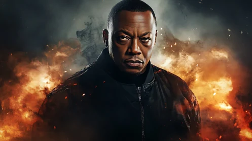 Male portrait with fiery smoke backdrop, frontal angle view.