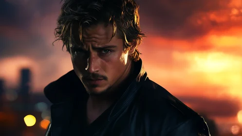 Man in dark jacket before sunset city skyline. Period.