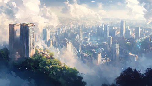 Sunlit cloud city gently rises above a lush green cliff