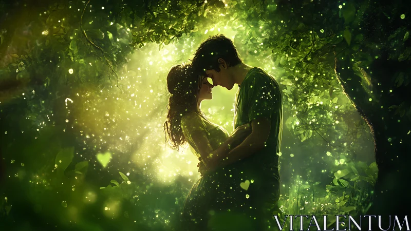 Enchanted Forest Kiss: Luminous Couple Surrounded by Magical Firelight