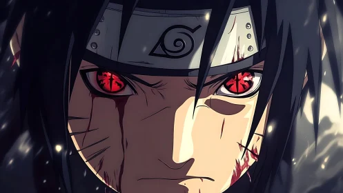 Intense anime warrior close‑up with glowing red combat eyes