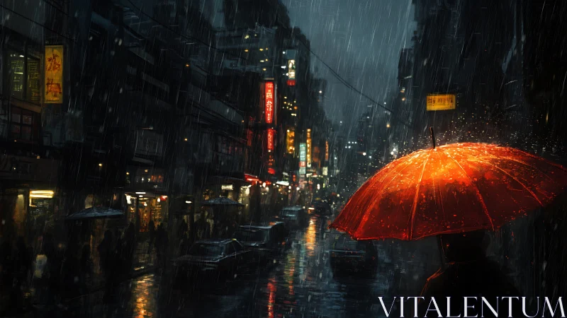 Bright red umbrella brings warmth to a rainy neon city street