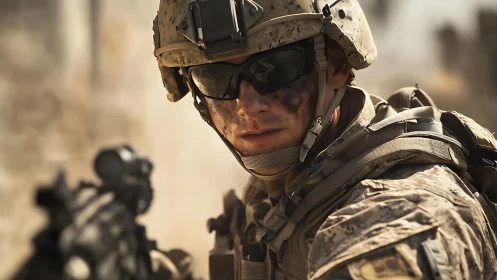 Combat soldier in desert camouflage gear under harsh light.